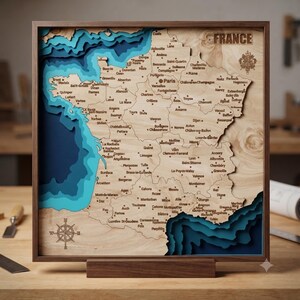 Square Digital 3D map of the France, 5 layer panel, laser cut file,3D Wood France Map,France digital map, Gift for a travel lover