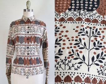 Vintage 1950s-60s || &#39;Tobacciana&#39; || Ivory, Black, and Brown Blouse with Leaf Pattern & Rhinestone Accents || by Malbe || Medium-Large