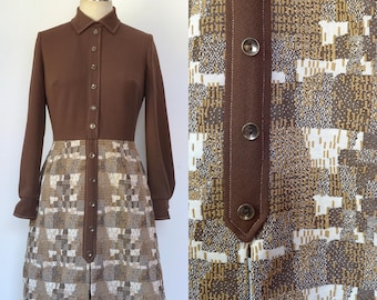 Vintage 1960s-70s || 'Ex Libris' || Chocolate Brown Knit Dress with Patterned Skirt || Medium