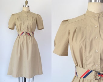 Vintage 1990s || 'Study Hall' || Khaki Shirtwaist Dress with Round Collar, Puff SLeeves, and Red/Blue-Trimmed Belt || Medium