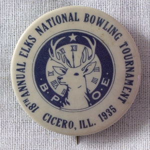 Vintage 1930s || &#39;7-10 Split&#39; || Pinback Button for the 18th Annual Elks National Bowling Tournament (1935) in Cicero, Illinois