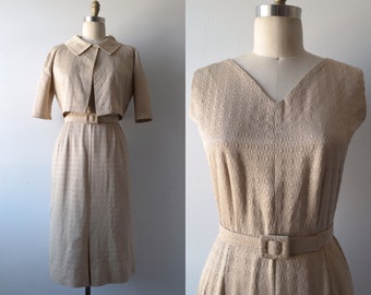 Vintage 1950s-60s || 'Flaxen' || Beige Brocade Dress with Matching Jacket || Medium-Large