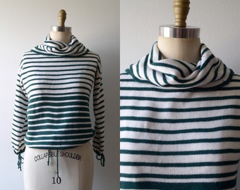 Vintage 1970s-80s || &#39;Celtic&#39; || Emerald-Green and White Striped Cowl-neck Sweater with Drawstring Waist & Sleeves || Large
