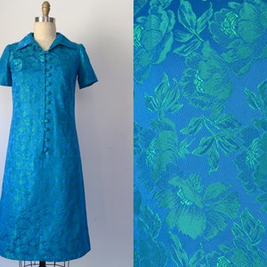 Vintage 1960s || &#39;Poppies&#39; || Electric Blue Shirtwaist Dress with Green Brocade Floral Pattern || Medium