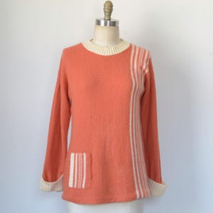 Vintage 1970s || 'Lox' || Coral Mohair Blend Sweater with Cream Stripes and Trim || Medium