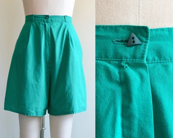 Vintage 1970s || 'Bermuda Triangle' || High-Waisted Teal Shorts with Unique Triangular Button || Small-Medium