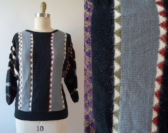 Vintage 1980s || &#39;Toothsome&#39; || Slouchy Black and Gray Sweater with Multicolor Metallic Triangle Pattern || Large