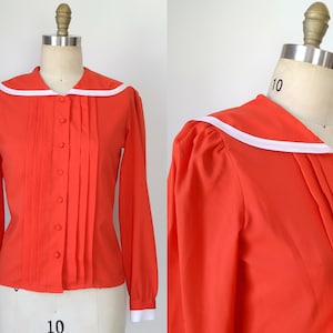 Vintage 1990s || &#39;Ship Shape&#39; || Red Pleated-Front Blouse with Sailor Collar || Medium
