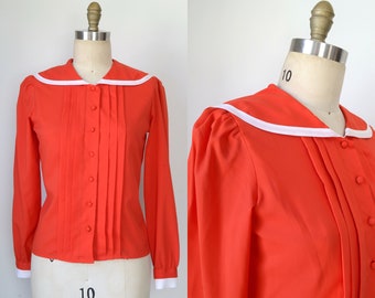 Vintage 1990s || &#39;Ship Shape&#39; || Red Pleated-Front Blouse with Sailor Collar || Medium