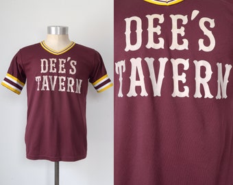 Vintage 1970s-80s || 'Tavern' || Maroon V-Neck Graphic T-Shirt with Gold Athletic Trim || Medium