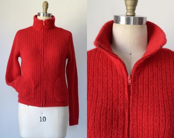 Vintage 1970s-80s || &#39;Pit Stop&#39; || Bright Red Full-Zip Pendleton Wool Sweater || Medium