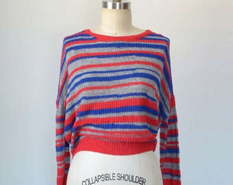 Vintage 1980s-90s || Sega || Slouchy Loose-Knit Sweater with Red, Blue, and Gray Stripes || Large