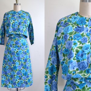 Vintage 1950s-60s || &#39;First Impression&#39; || Blue-and-Green Blouson with Impressionistic Floral Print, Flat Collar, and Bow || Small-Medium