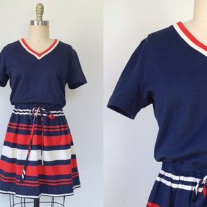 Vintage 1970s || &#39;Pop Fly&#39; || Red-White-and-Blue V-Neck T-Shirt Minidress || Small-Medium
