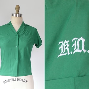 Vintage 1960s || &#39;Ten-Pin&#39; || Japanese-Made Green Bowling Shirt with &quot;KA&quot; Initials on the Sleeve || Medium