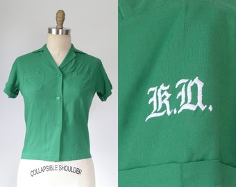 Vintage 1960s || &#39;Ten-Pin&#39; || Japanese-Made Green Bowling Shirt with &quot;KA&quot; Initials on the Sleeve || Medium