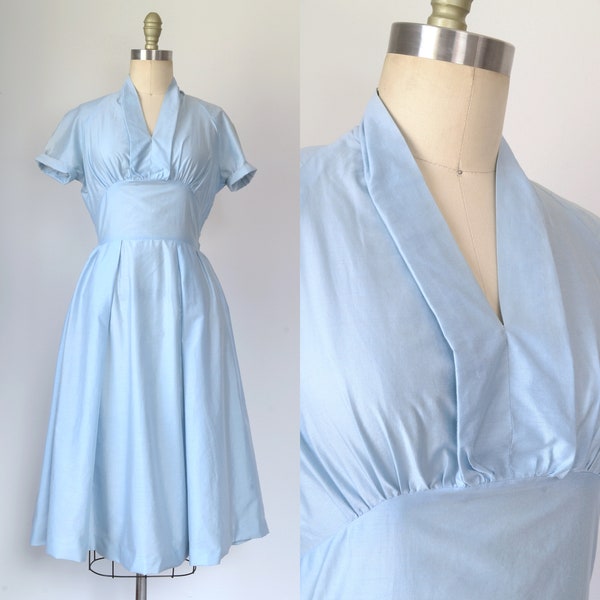 Vintage 1940s-50s || 'Breezy' || Pale Blue Cotton Dress with Shawl Neckline || Extra Small