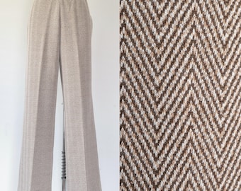 Vintage 1970s || 'Easy Money' || Knit Polyester Pants with Brown-and-Cream Herringbone Pattern || Medium-Large