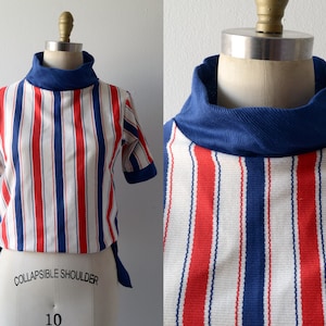Vintage 1960s-70s || &#39;Rocket Pop&#39; || Red, White, and Blue Striped Blouson Top with Funnel Neck || Large