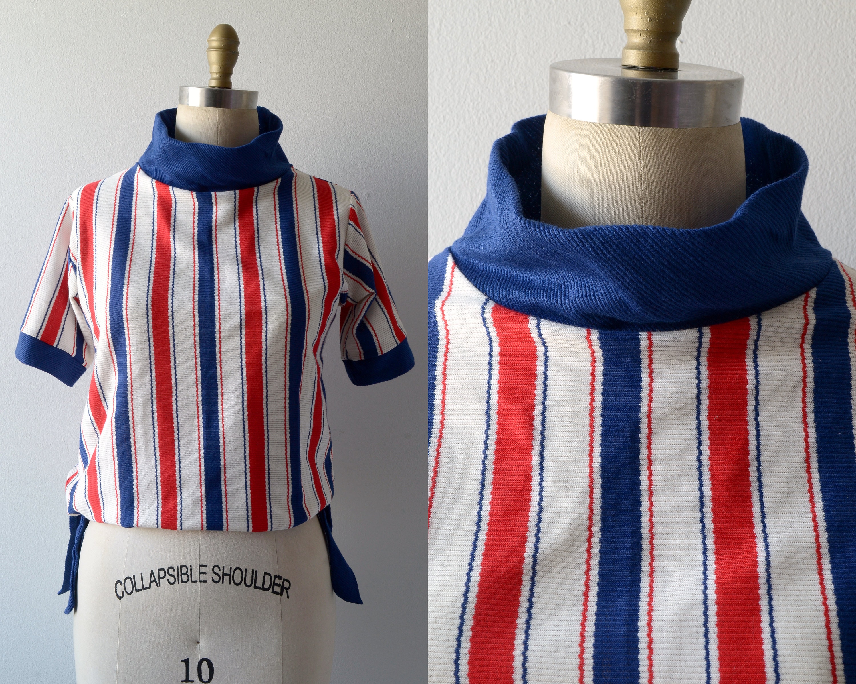 Vintage 1960s-70s || 'Rocket Pop' || Red, White, and Blue Striped Blouson Top with Funnel Neck || Large