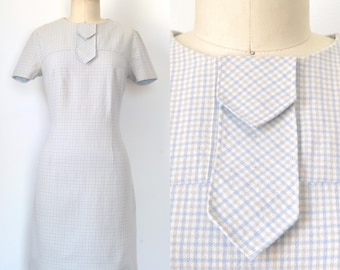 Abito vintage anni '70 // 'Bluebonnet' // Abito in lana a quadri blu con jabot // Taglia piccola-media