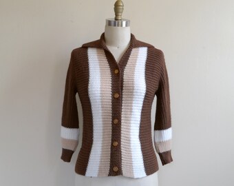 Vintage 1960s || &#39;Caffé mocha&#39; || Collared Cardigan with Brown, White, and Tan Vertical Stripes || Medium