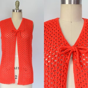 Vintage 1970s || &#39;Woodstock&#39; || Open Crochet Red Sleeveless Sweater || Medium