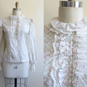 Vintage 1980s || &#39;Vera&#39; || Cream Floral-Print Blouse with Ruffled Neck, Shoulder, and Placket || Medium
