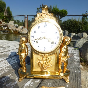 Vintage Gold Gilt Metal Chime Table Clock: Swiss Bucherer Movement, Italian Case