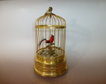Vintage Japan Singing Bird Cage Automaton: Restored Gold Gilt Cage
