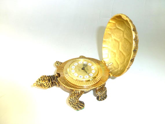Vintage Swiss Looping Turtle Clock: Gold Tone Ornament, 8-day