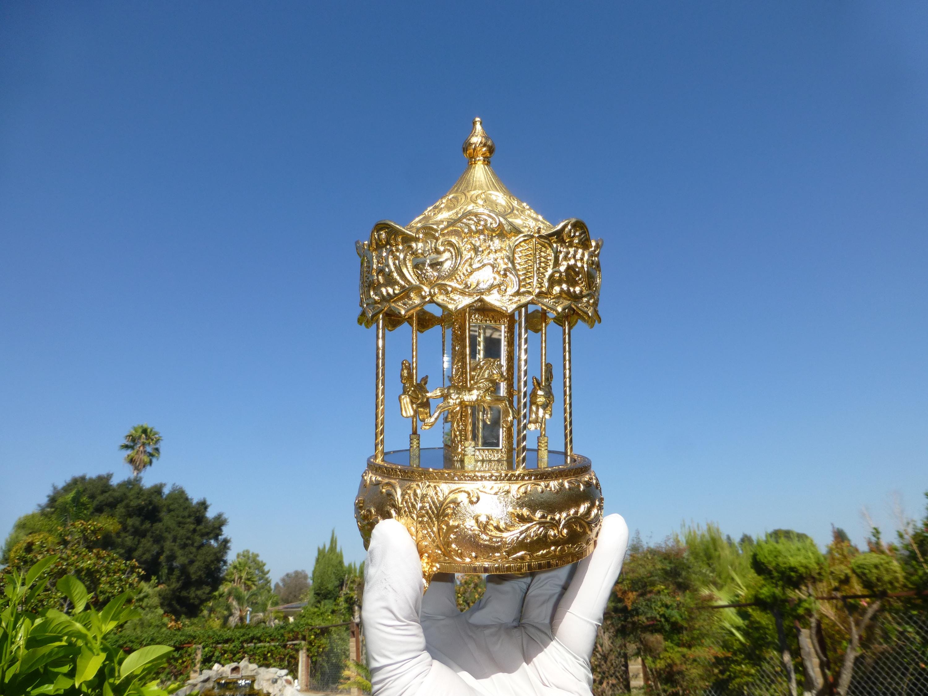 Vintage Gold Gilt Carousel Music Box: Antimony Horses, Mirrored Column