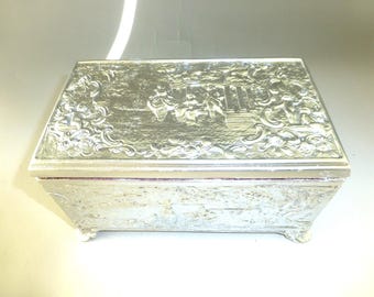 Rare Vintage/Antique Swiss Music Box Silver Tone Metal Case Jewelry Storage Box(Watch The Video)