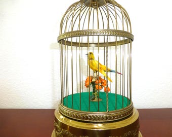 歌うハチドリのいるドイツのヴィンテージ鳥かごオルゴール。鳥好きの方