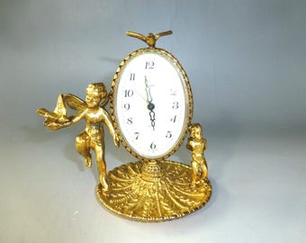 Rare Vintage German Gold Gilt Dove & Cherubim Mantel Alarm Clock (Watch Video)