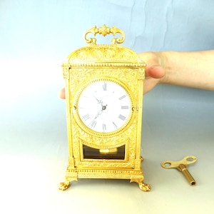 Vintage German Gilt Gold Metal Case 8 Day Clock: Schmid Mechanical Pendulum