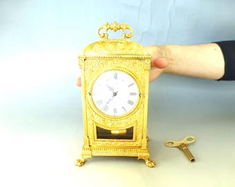 Rare To Find Antique / Vintage German Gilt Gold Metal Case Swing Pendullum Mechanical 8 Day Clock Excellent Working (Watch The Video)