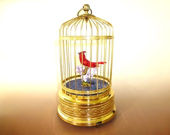Vintage Japan Singing Bird Cage Automaton: Restored Gold Gilt