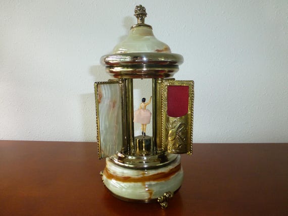 Vintage Reuge Swiss Ballerina Music Box: Italian Onyx Carousel