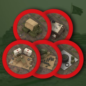 Peut inclure: Plusieurs éléments miniatures sur le thème militaire, présentés dans des cercles rouges. L'image comprend des caisses, un bureau avec une carte, des fournitures médicales, des munitions et un pneu. La scène suggère un jeu ou un diorama.