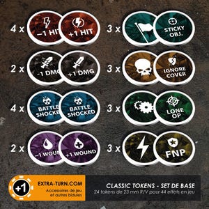 May include: A set of 24 classic game tokens, each 23 mm in diameter, with various symbols and text. Tokens include lightning bolts, skulls, flags, and other icons, with text such as "+1 HIT" and "IGNORE COVER".