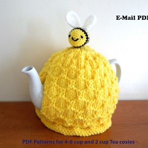 Bee tea cosy with bee PATTERN ONLY .. E-MAIL. 4 6 cup 2 pt, 40 fl oz standard teapot and small 2 cup 450ml teapot, yellow cosy image 1