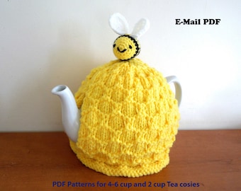 Bee tea cosy with bee PATTERN ONLY .. E-MAIL. 4 - 6 cup (2 pt, 40 fl oz) standard teapot and small 2 cup (450ml) teapot, yellow cosy