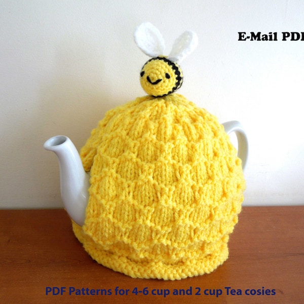 Bee tea cosy with bee PATTERN ONLY .. E-MAIL. 4 - 6 cup (2 pt, 40 fl oz) standard teapot and small 2 cup (450ml) teapot, yellow cosy