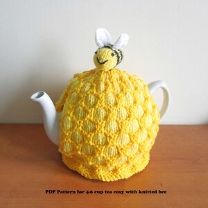 Bee tea cosy with bee PATTERN ONLY .. E-MAIL. 4 6 cup 2 pt, 40 fl oz standard teapot and small 2 cup 450ml teapot, yellow cosy image 5