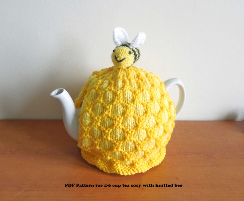 Bee tea cosy with bee PATTERN ONLY .. E-MAIL. 4 6 cup 2 pt, 40 fl oz standard teapot and small 2 cup 450ml teapot, yellow cosy image 5