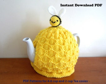 Beehive tea cosy knitting digital PATTERN ONLY. For 4 - 6 cup (2 pt, 40 fl oz) standard teapot and small 2 cup (450ml) teapot, bee pattern.