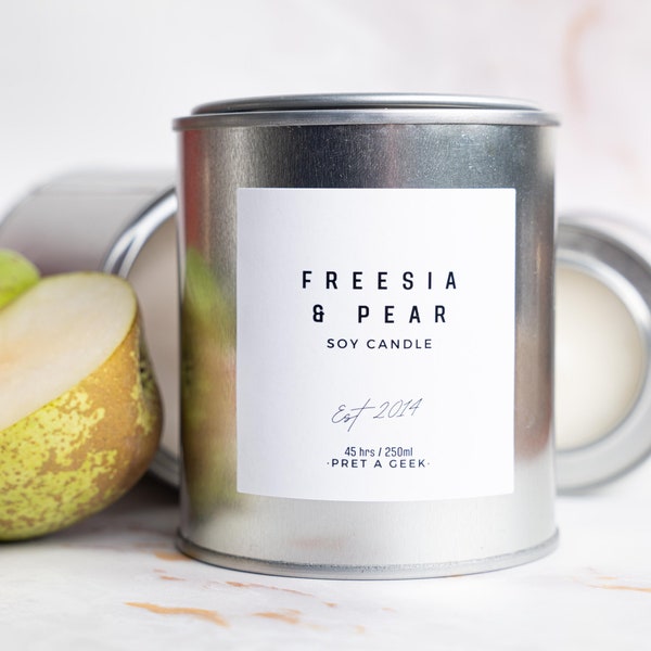 FREESIA & PEAR Soy Candle | Vegan Hand Poured Small Batch Fragrance | 2 Sizes | Made In Scotland Pret A Geek
