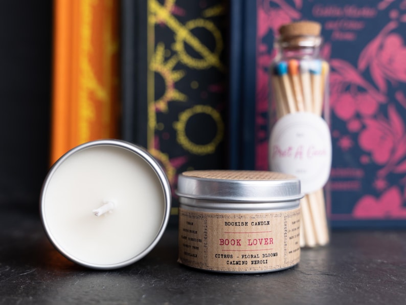 Book Lover, Eco Soy Candle, 50ml mini/sampler size with slip lid tin, sustainable products, plastic free, vegan friendly, made in Scotland, pretageek, bookish zesty citrus leads into beautiful floral blooms and lands on neroli