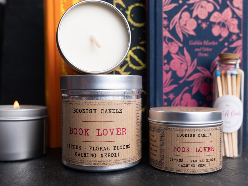 Book Lover, Eco Soy Candle, 125ml & 350ml  size with slip lid tin, sustainable products, plastic free, vegan friendly, made in Scotland, pretageek, bookish zesty citrus leads into beautiful floral blooms and lands on